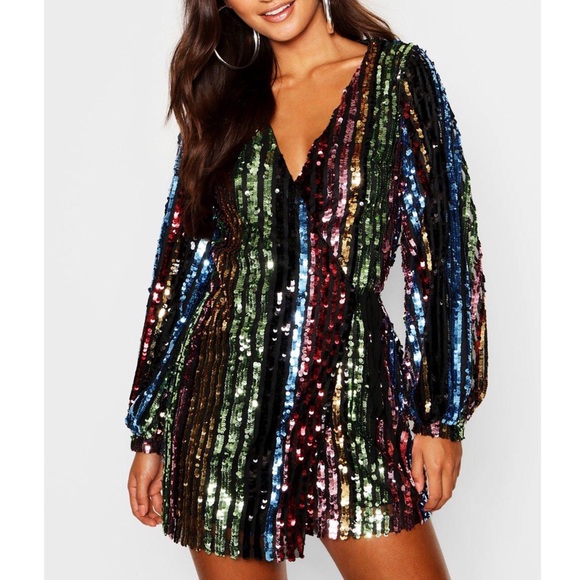 Boohoo Dresses & Skirts - Boohoo Petite Rainbow Sequin Wrap Dress